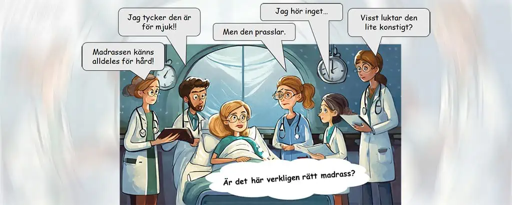 Illustration som visar varför subjektiv bedömning inte fungerar vid upphandling: personalen är oense om madrassens egenskaper medan patienten ligger obekvämt.