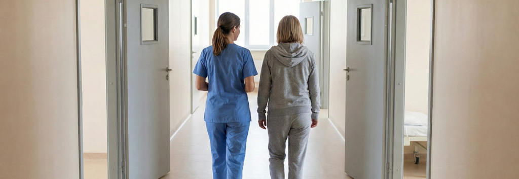 Vårdpersonal promenerar bredvid och stöttar en patient i sjukhuskorridor, en viktig del av omvårdnaden för högriskpatienter.