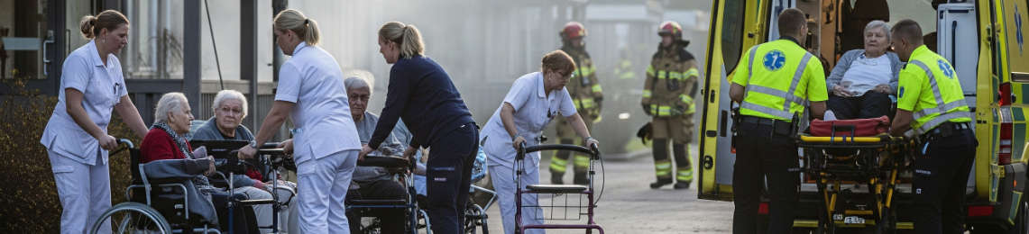 Evakuering av vårdboende vid brandlarm där vårdpersonal, räddningstjänst och ambulans samverkar för att föra patienter i säkerhet.